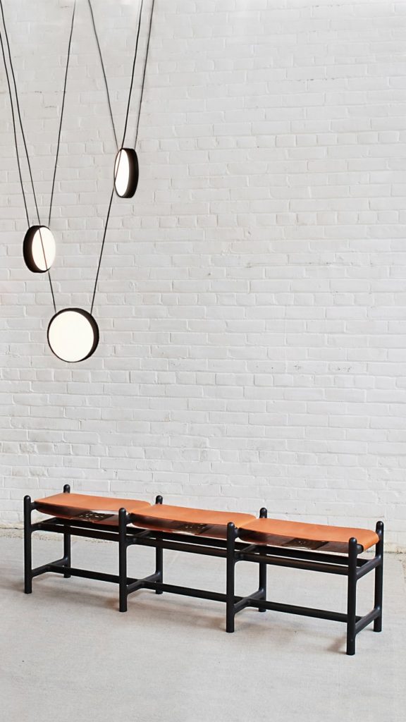 Lyndoe Bench by Mary Ratcliffe Studio, Highwire lighting by Anony, both based in Toronto